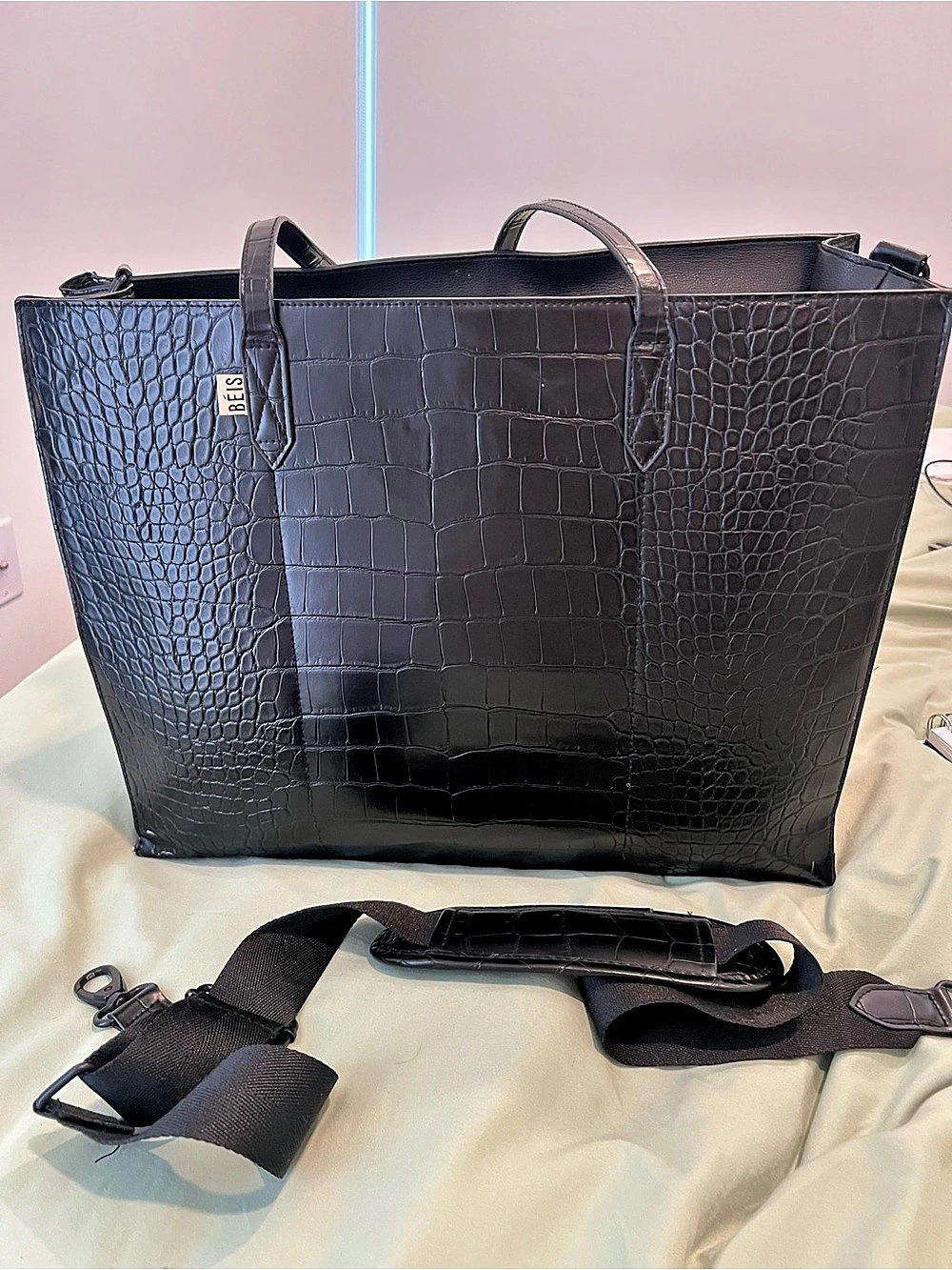 Béis The Large Work Tote Black Crocodile-Embossed Tote